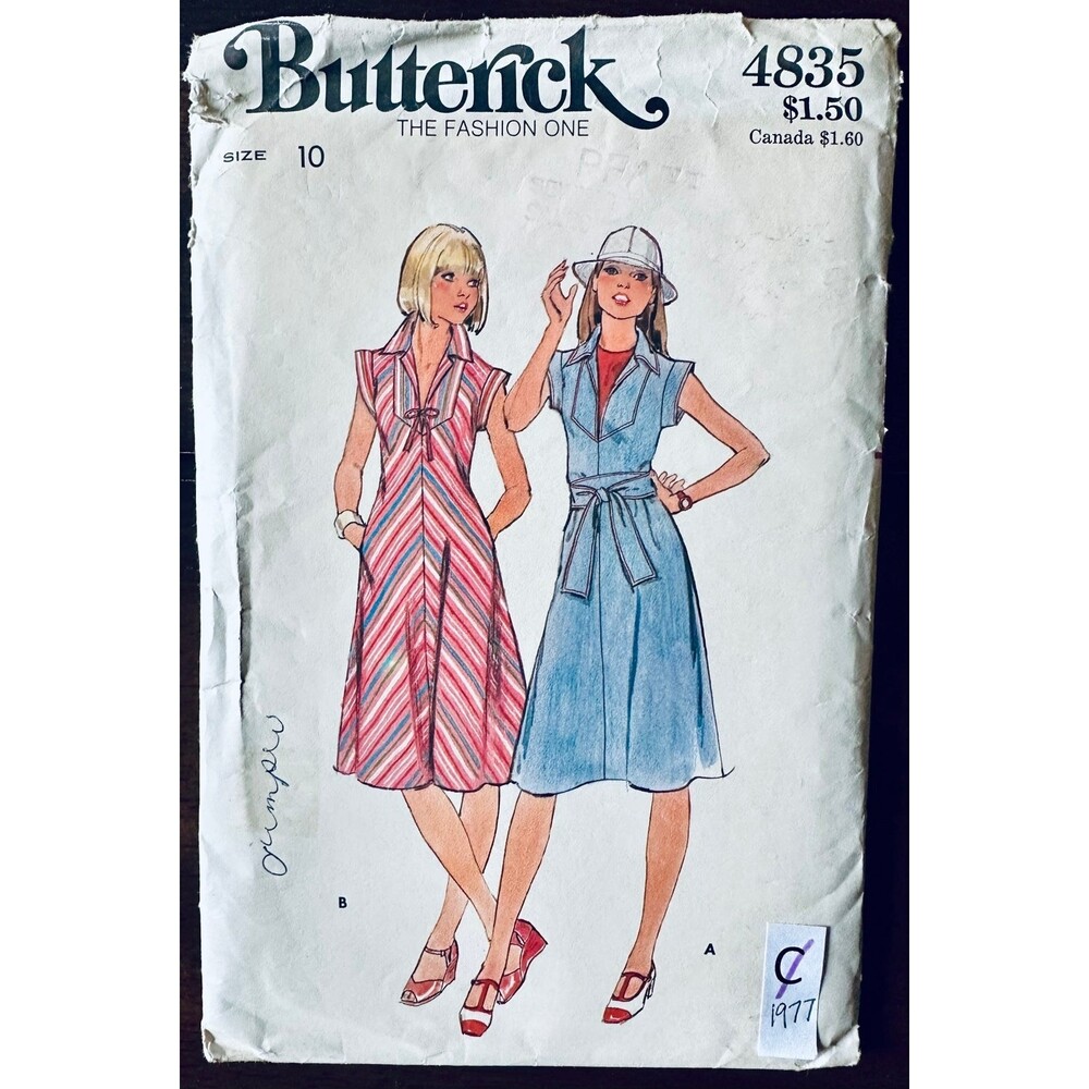 Vintage 70s Butterick 4835 Semi-fitted Neckline Slit Dress Pattern Sz 10 CUT.